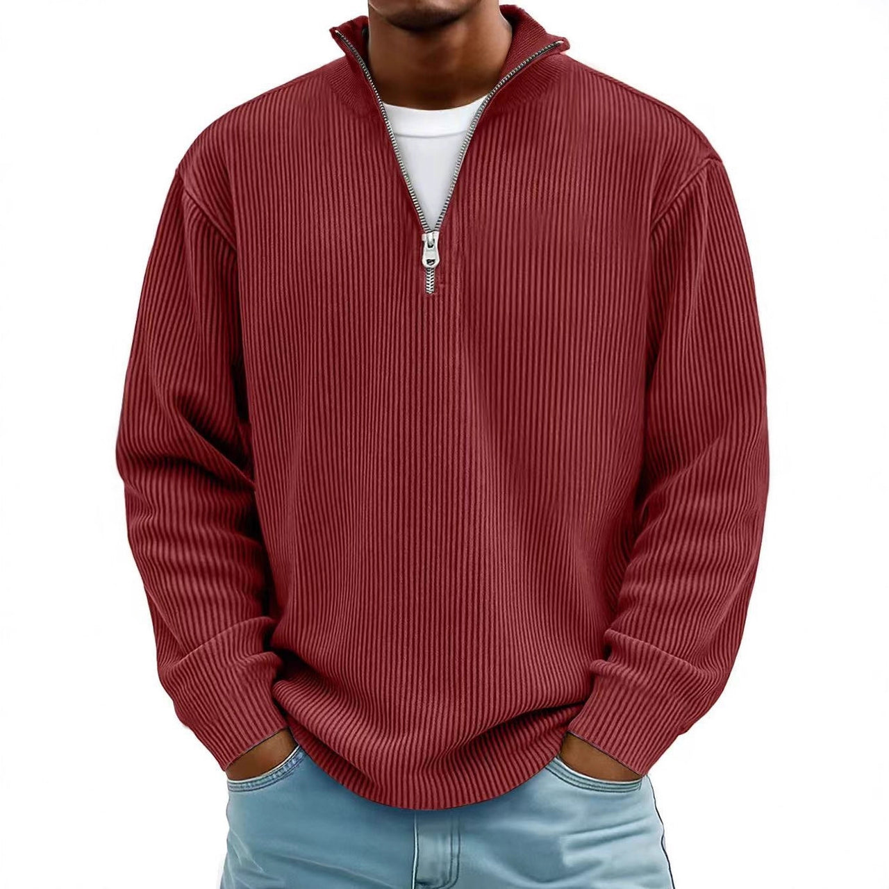 Men’s Corduroy Zipper Stand Collar Sweatshirt